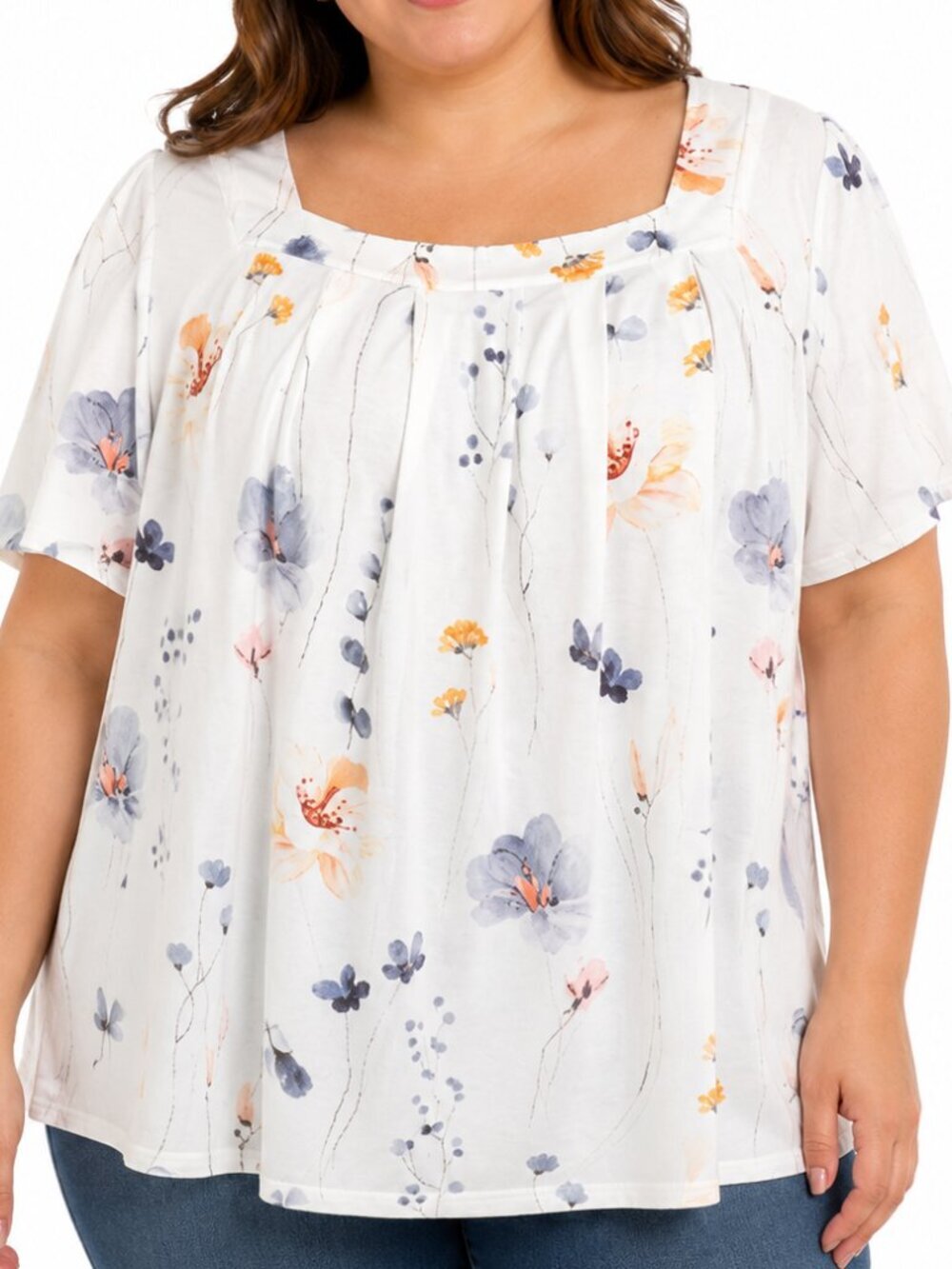Floral Square Neck Blouse 2XL White Blue Orange Soft Flowy Short Sleeve Top